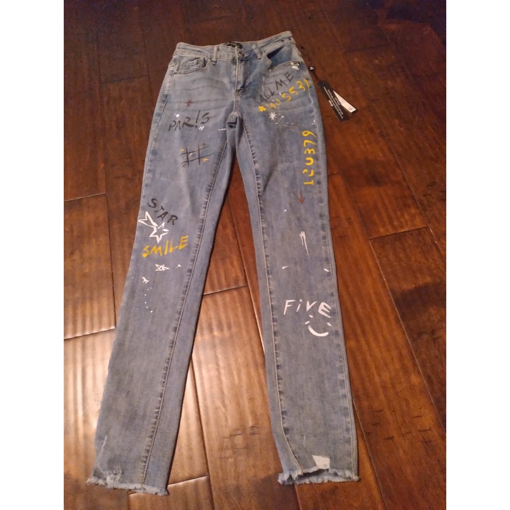 High Waisted Graffiti‎ Jeans Distressed Hem Denim Pants